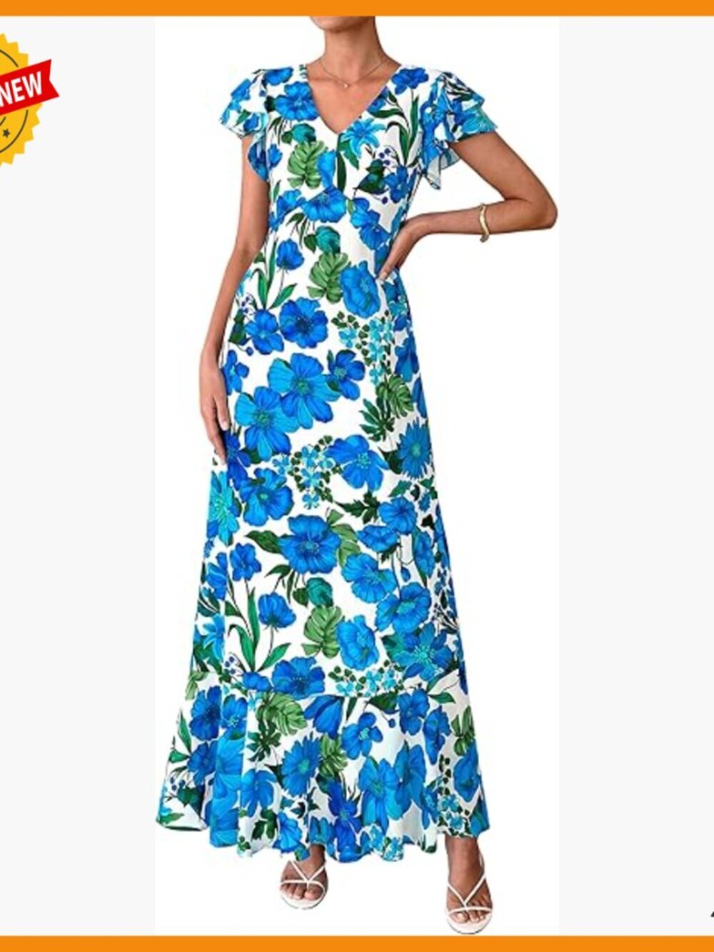 Floral Maxi Dress with Ruffle Sleeves V-Neck Elastic Waist Pockets